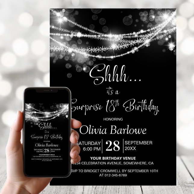 Black String Lights Surprise 18th Birthday Party Invitation (Creator Uploaded)