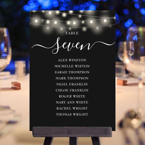 Black String Lights Table Number Seating Chart