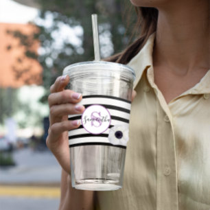 Black Stripe and Anemone Monogrammed Personalized Acrylic Tumbler