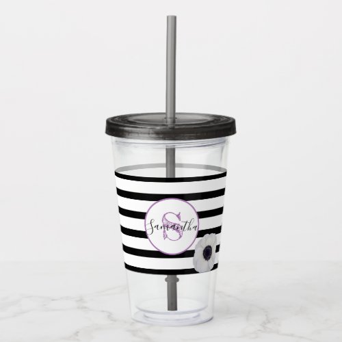 Black Stripe and Anemone Monogrammed Personalized Acrylic Tumbler
