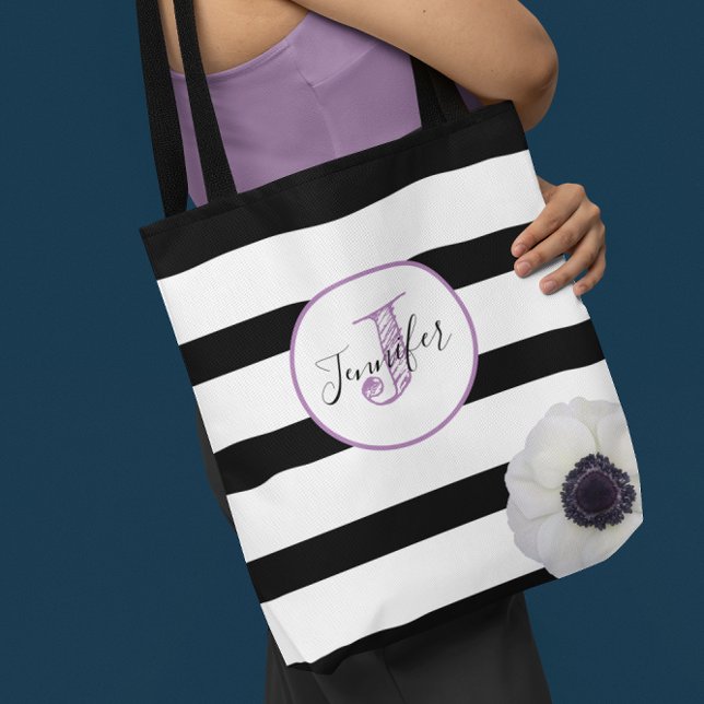 Black Stripe and Anemone Monogrammed Personalized Tote Bag (Creator Uploaded)