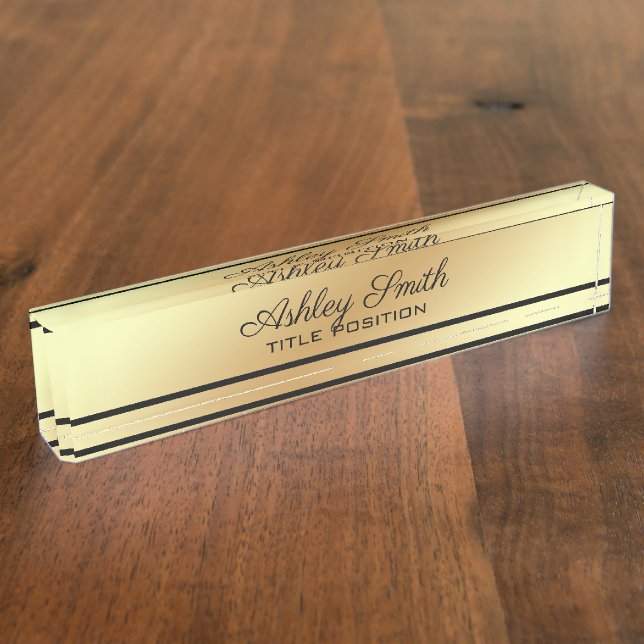 Black Stripe And Gold Background Desk Name Plate (Side)