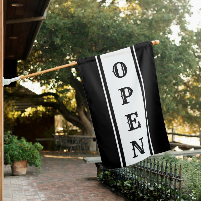 Black Stripe Antique Vertical Open Sign Flag (In SItu)