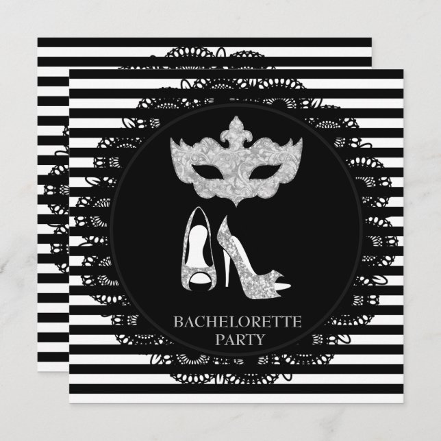 BLACK STRIPE BACHELORETTE MASQUERADE PARTY INVITATION (Front/Back)
