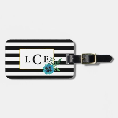 Black Stripe  Blue Floral Monogram Luggage Tag