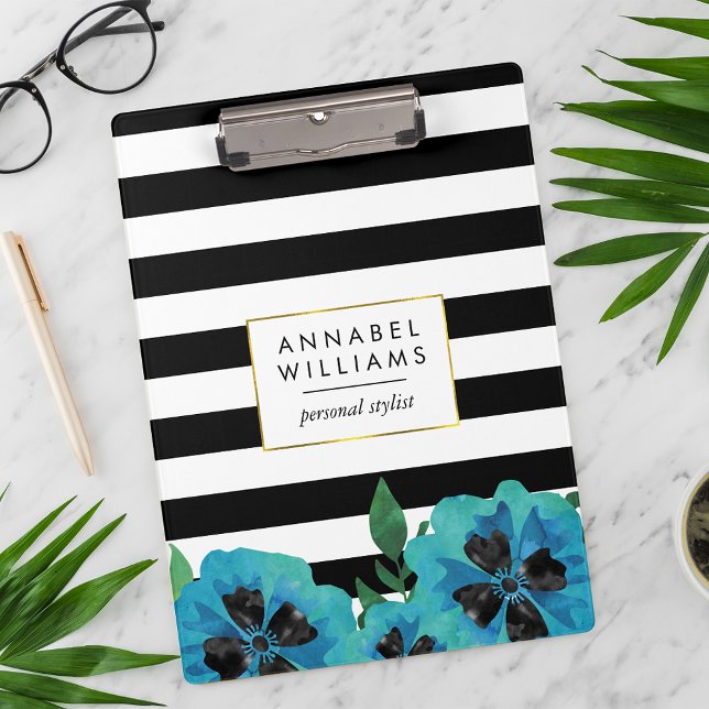 Black Stripe & Blue Floral Personalized Clipboard (Creator Uploaded)