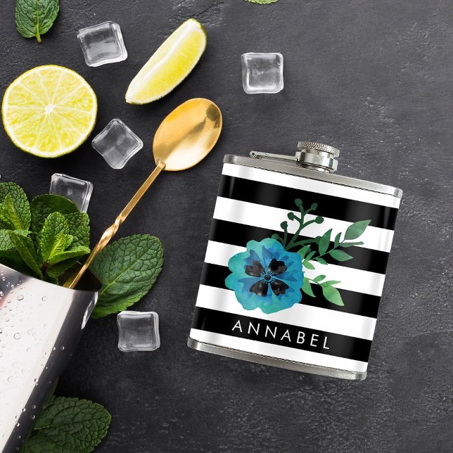 Black Stripe & Blue Floral Personalized Flask (Creator Uploaded)