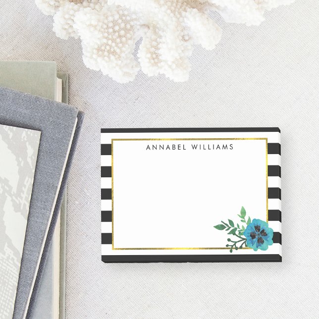 Black Stripe & Blue Floral Personalized Post-it Notes (Creator Uploaded)
