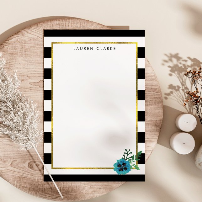 Black Stripe & Blue Flower Personalized Stationery (Creator Uploaded)