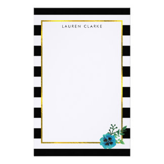 Black Stripe & Blue Flower Personalized Stationery