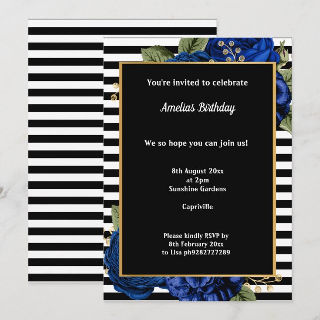 BLACK STRIPE BLUE GOLD FLORAL 2 BIRTHDAY PARTY INVITATION (Front/Back)