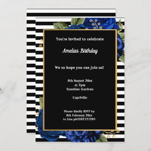 BLACK STRIPE BLUE GOLD FLORAL 2 BIRTHDAY PARTY INVITATION