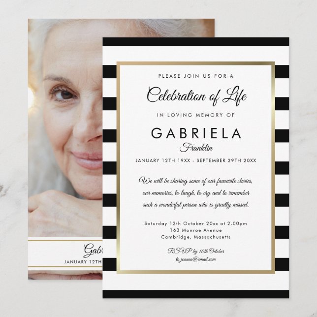 Black Stripe Celebration of Life Funeral Photo Invitation (Front/Back)