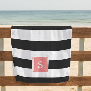 Black Stripe & Coral Monogram Beach Towel