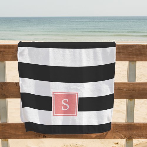 Black Stripe  Coral Monogram Beach Towel