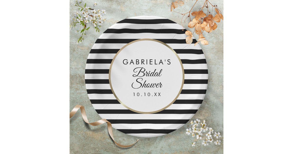 Black Stripe Elegant Gold Bridal Shower Paper Plates | Zazzle
