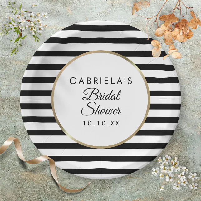 Black Stripe Elegant Gold Bridal Shower Paper Plates | Zazzle