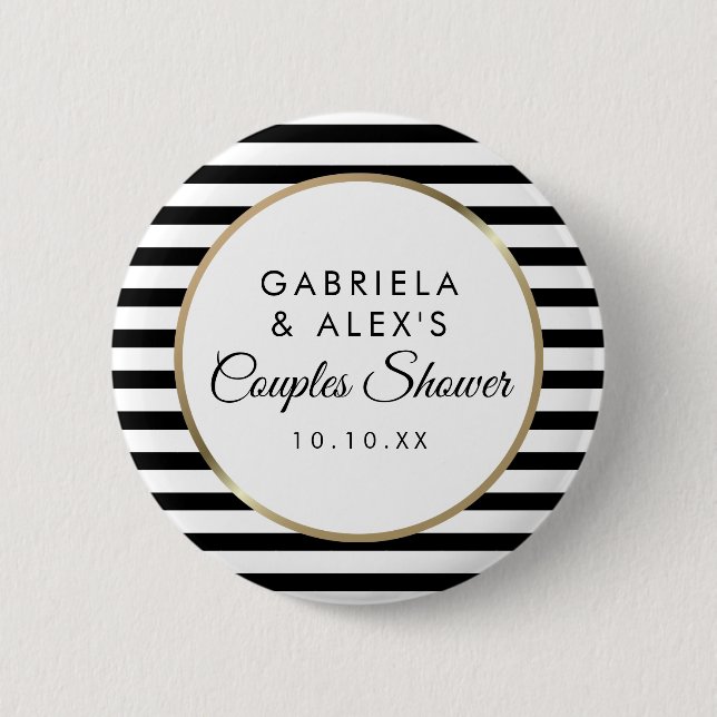 Black Stripe Elegant Gold Couples Bridal Shower Button (Front)