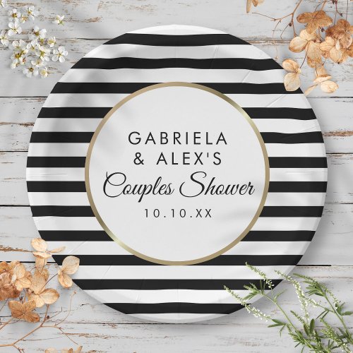 Black Stripe Elegant Gold Couples Bridal Shower Paper Plates