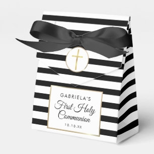 Black Stripe Elegant Gold First Holy Communion Favor Boxes