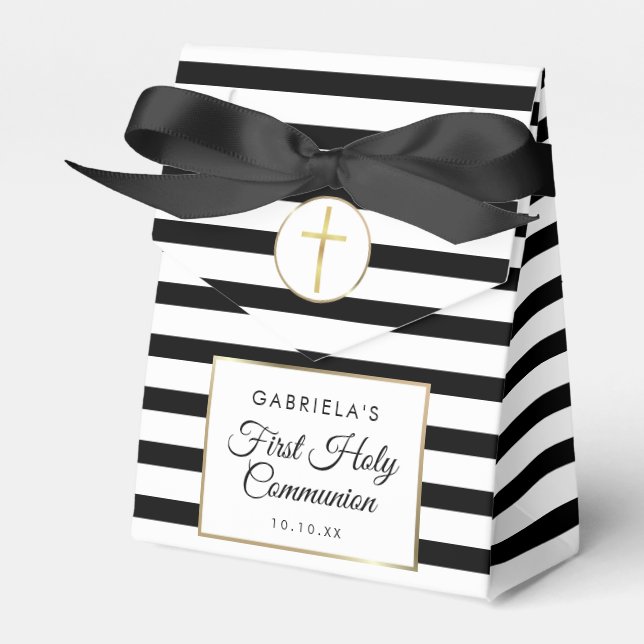 Black Stripe Elegant Gold First Holy Communion Favor Boxes (Front Side)