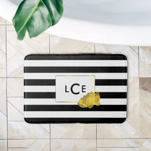 Black Stripe & Faux Gold Peony Monogram Bathroom Mat