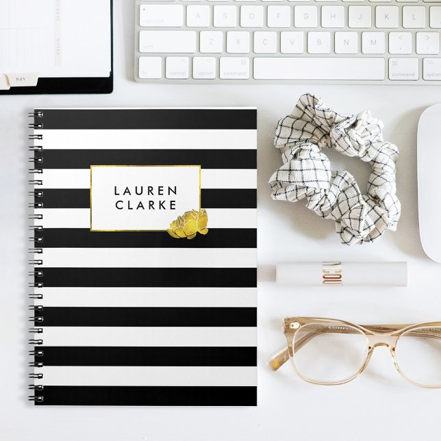 Black Stripe & Faux Gold Peony Notebook (Creator Uploaded)