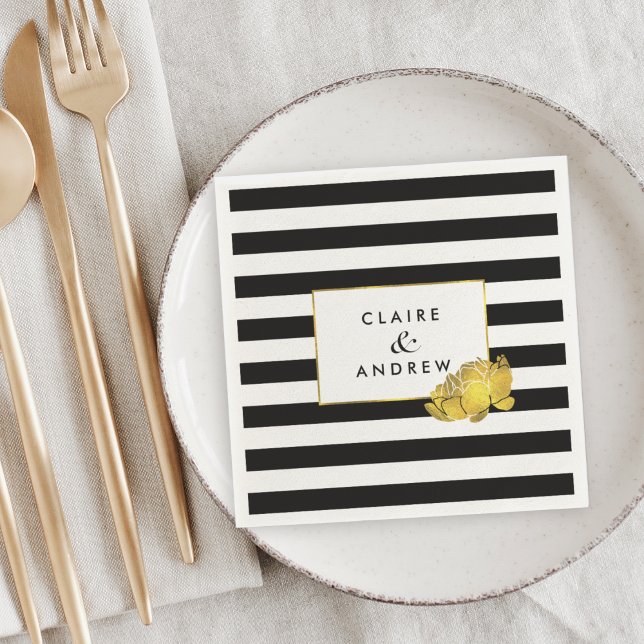 Black Stripe & Faux Gold Peony Paper Napkins (Creator Uploaded)