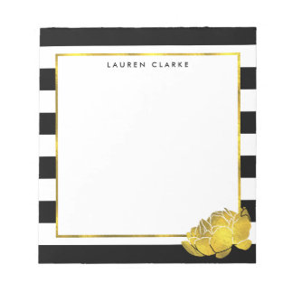 Black Stripe & Faux Gold Peony Personalized Notepad