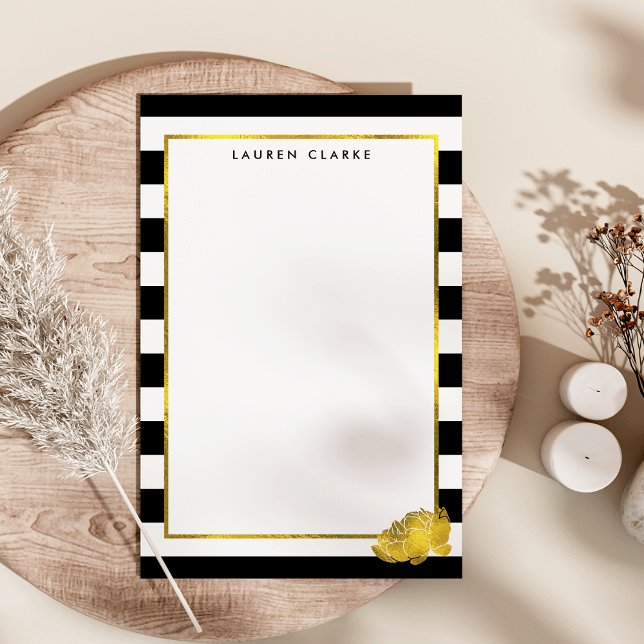 Black Stripe & Faux Gold Peony Personalized Stationery (Creator Uploaded)