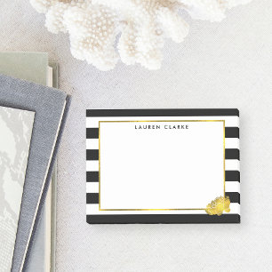 Black Stripe & Faux Gold Peony Post-it Notes