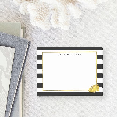 Black Stripe  Faux Gold Peony Post_it Notes