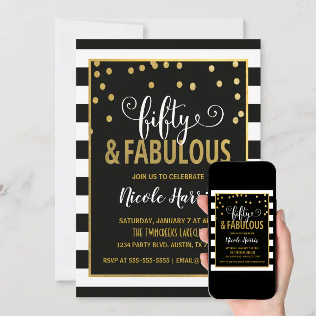 Black Stripe Fifty & Fabulous Birthday Invitation | Zazzle