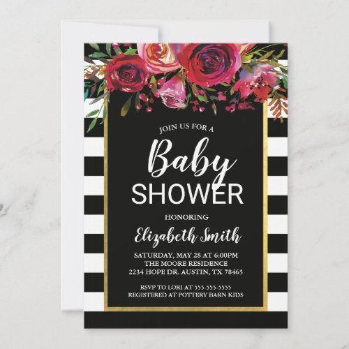 Black Stripe Floral Baby Shower Invitation