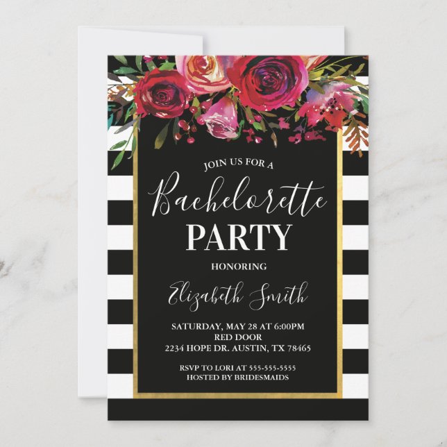 Black Stripe Floral BacheloretteParty Invitation (Front)
