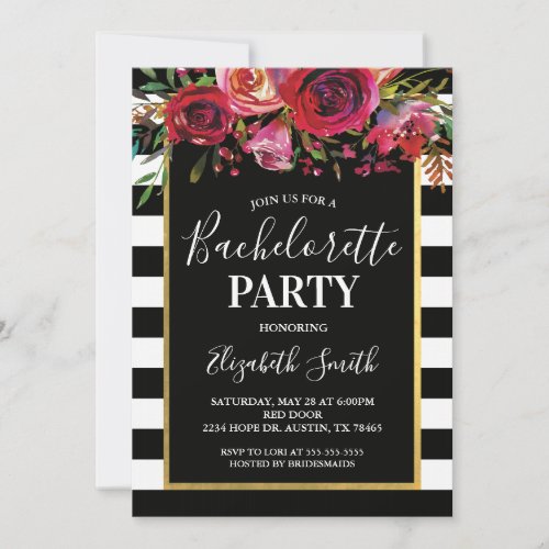 Black Stripe Floral BacheloretteParty Invitation