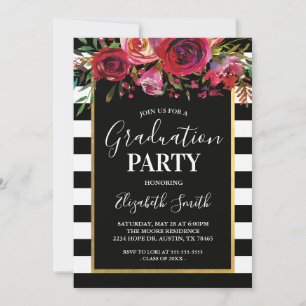 Black Stripe Floral Graduation Party Invitation
