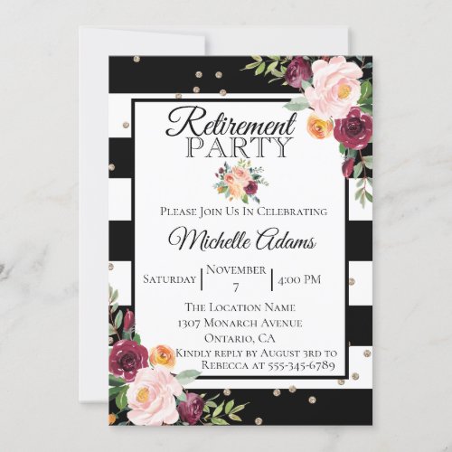 Black Stripe Floral Retirement Party Invitation