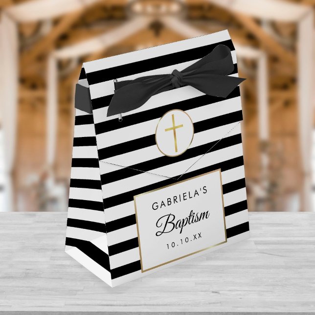 Black Stripe Gold Cross Baptism Christening Favor Boxes (Creator Uploaded)