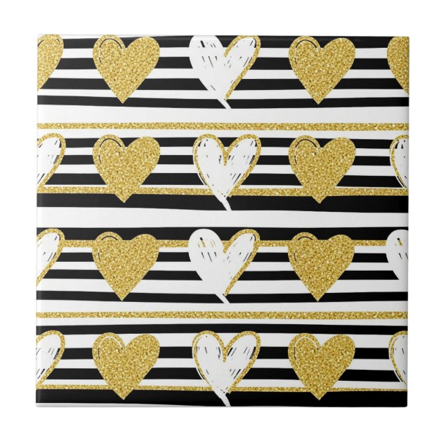 Black Stripe Gold Heart Glam Pattern (1) Ceramic Tile (Front)