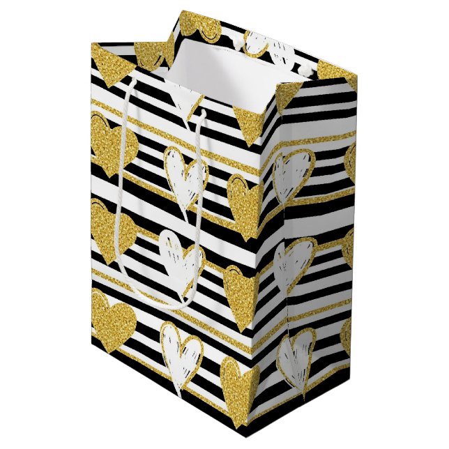 Black Stripe Gold Heart Glam Pattern (1) Medium Gift Bag (Front Angled)