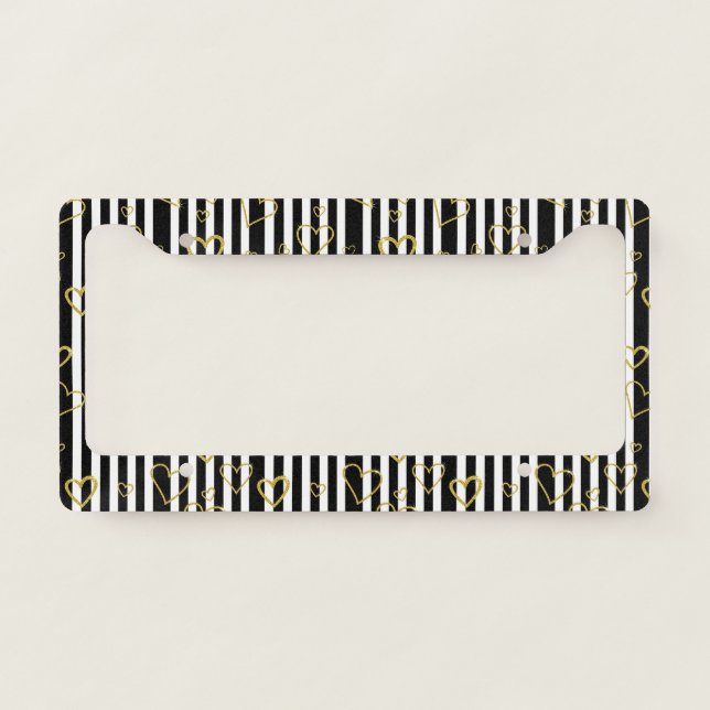 Black Stripe Gold Heart Glam Pattern (6) License Plate Frame (Front)