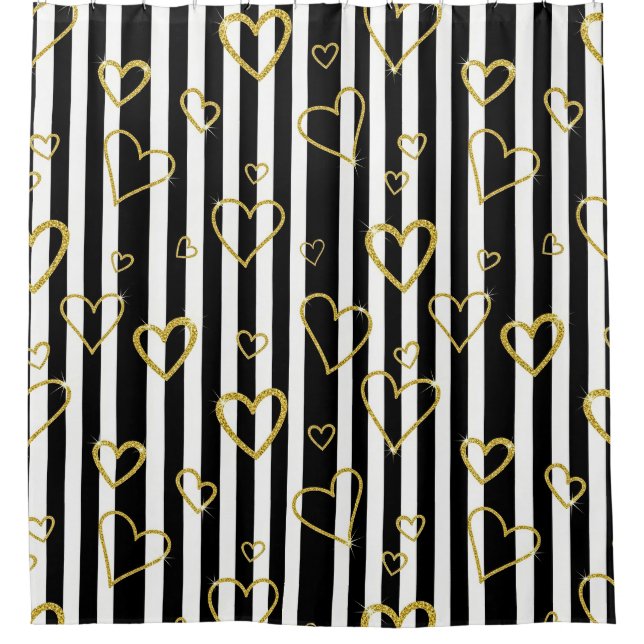 Black Stripe Gold Heart Glam Pattern (6) Shower Curtain (Front)