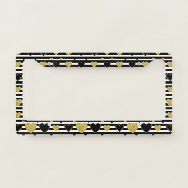Black Stripe Gold Heart Glam Pattern (7) License Plate Frame (Front)