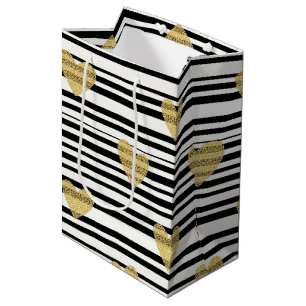 Black Stripe Gold Heart Glam Pattern (8) Medium Gift Bag