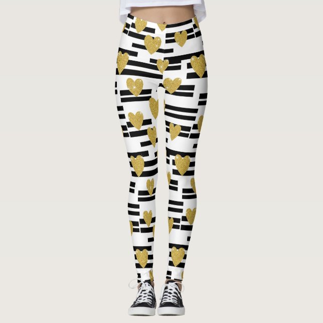 Black Stripe Gold Heart Glam Pattern (9) Leggings (Front)