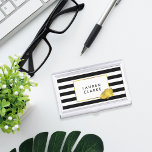 Black Stripe & Gold Peony Business Card Holder<br><div class="desc">This sleek and feminine business card holder features bold black and white stripes with a gleaming peony flower in faux gold effect. Coordinates with our Black Stripe & Gold Peony office accessories,  paper products,  and accessories. Customize with a monogram,  name or text of your choice!</div>