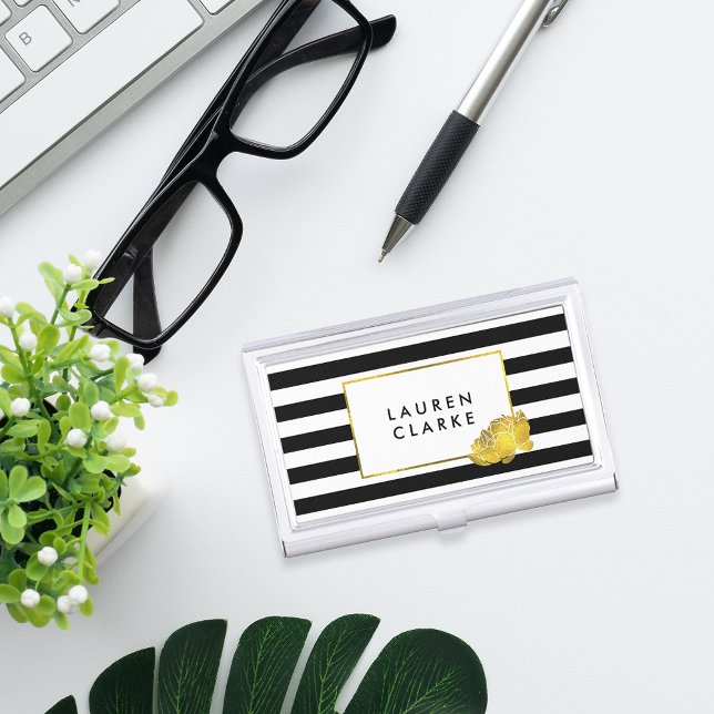 Black Stripe & Gold Peony Business Card Holder (Creator Uploaded)