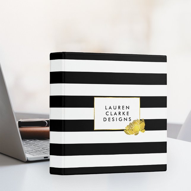 Black Stripe & Gold Peony Personalized Binder (Creator Uploaded)