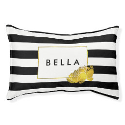 Black Stripe &amp; Gold Peony Personalized Dog Bed